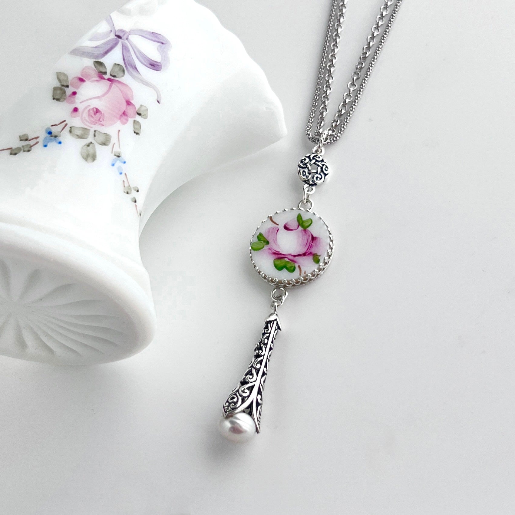 Pink Rose Glass Necklace, Hand Painted Rose, Victorian Silver Jewelry, Pearl Drop Necklace, 3rd Anniversary Gift, Milk Glass Jewelry Gift