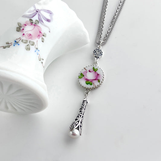 Pink Rose Glass Necklace, Hand Painted Rose, Victorian Silver Jewelry, Pearl Drop Necklace, 3rd Anniversary Gift, Milk Glass Jewelry Gift
