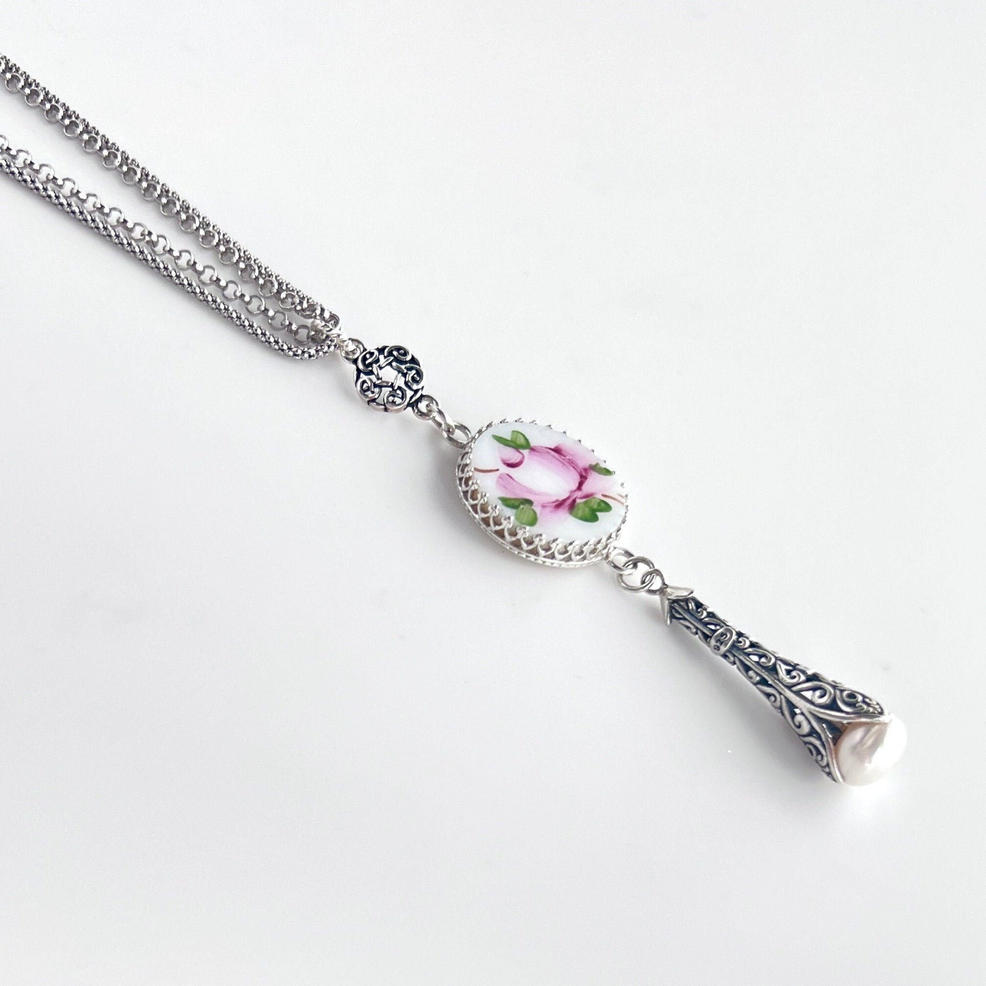 Pink Rose Glass Necklace, Hand Painted Rose, Victorian Silver Jewelry, Pearl Drop Necklace, 3rd Anniversary Gift, Milk Glass Jewelry Gift
