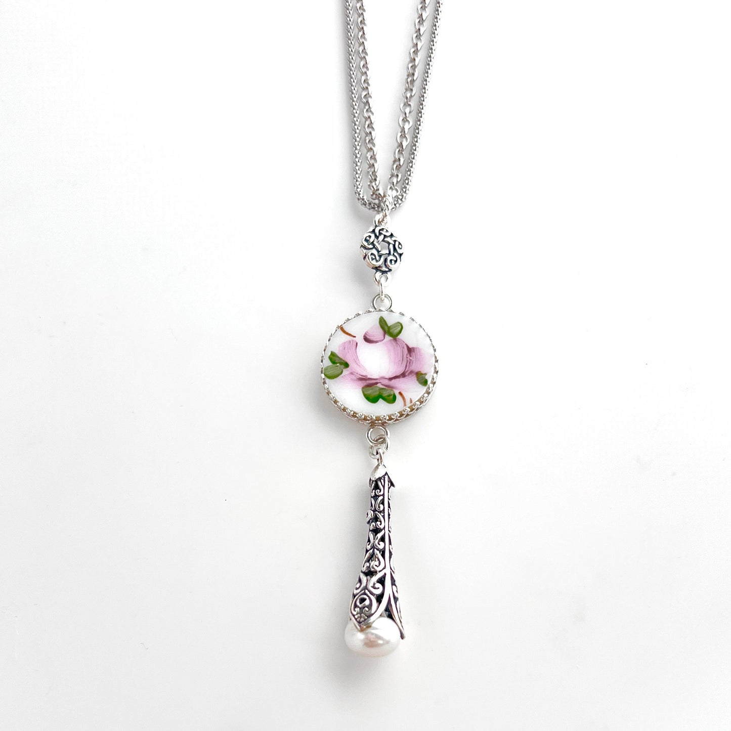 Pink Rose Glass Necklace, Hand Painted Rose, Victorian Silver Jewelry, Pearl Drop Necklace, 3rd Anniversary Gift, Milk Glass Jewelry Gift