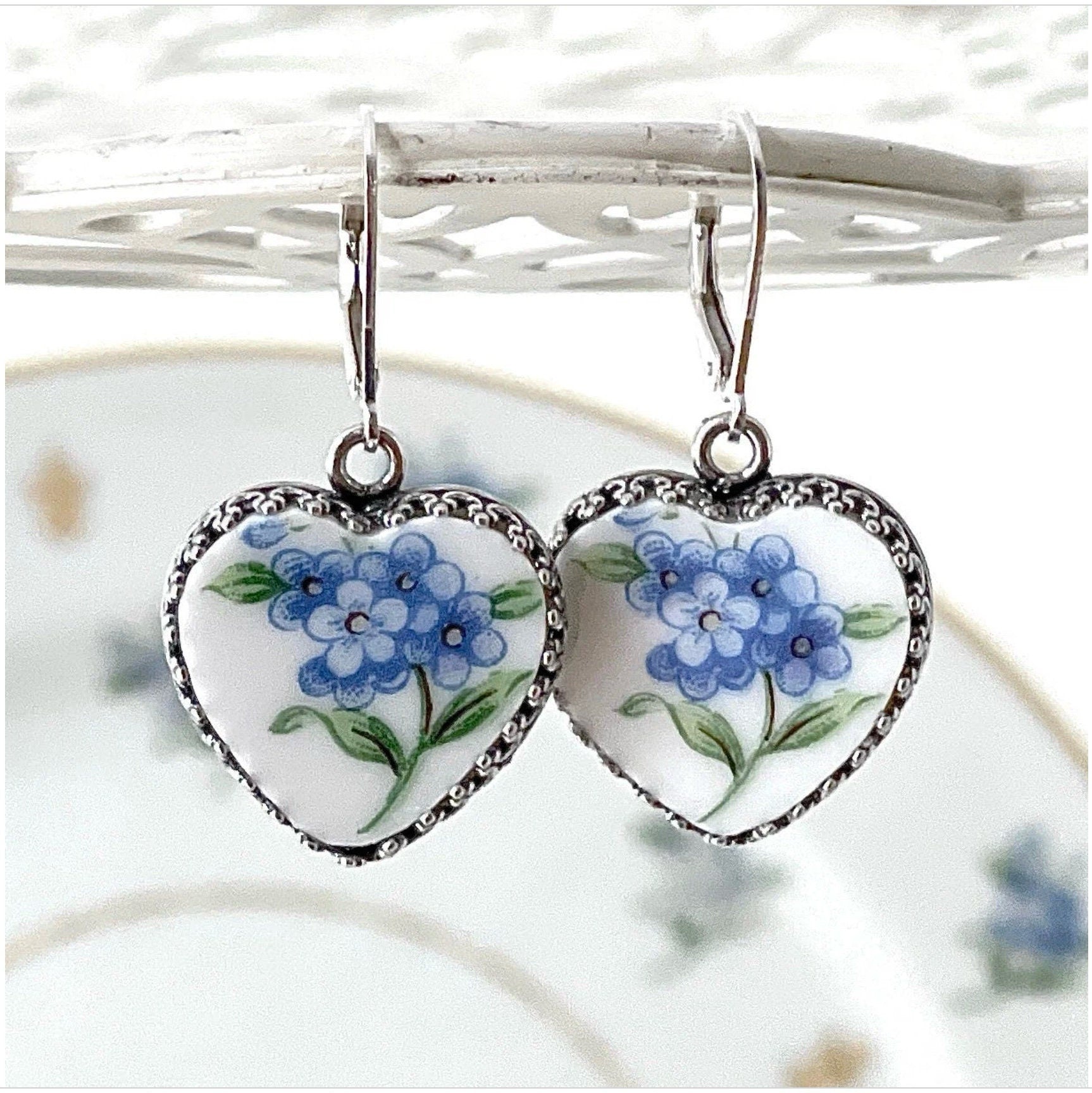 Forget Me Not China Jewelry Set, Romantic 20th Anniversary China Gift for Wife, Silver Necklace and Earrings, Gifts for Women