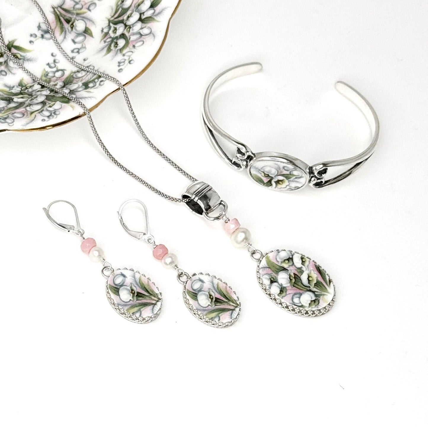 Opal Lily of the Valley China Jewelry Set, Vintage China Necklace, Bracelet, Earrings, 20th Wedding Anniversary Gift for Wife