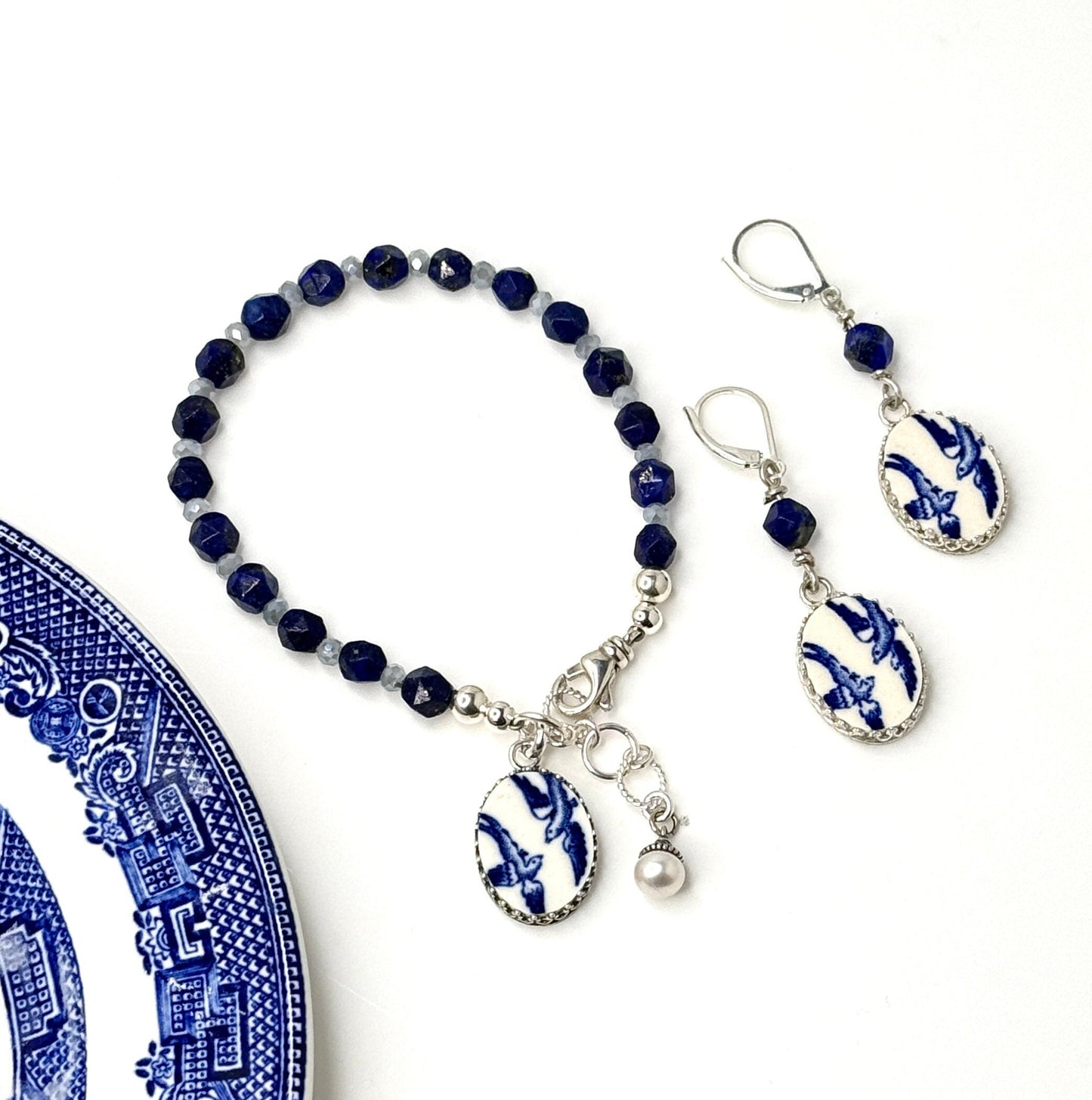 Lapis Love Birds China Jewelry Set, Blue Willow Bracelet and Earrings, 20th Anniversary Gift for Wife