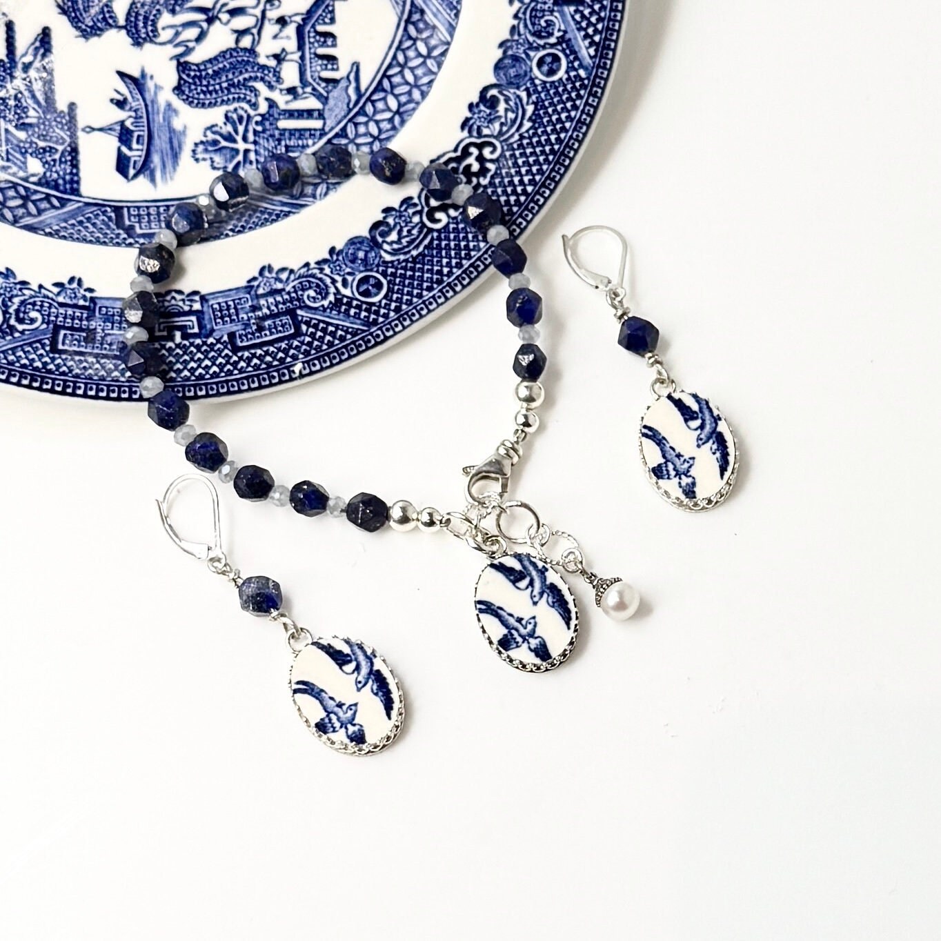 Lapis Love Birds China Jewelry Set, Blue Willow Bracelet and Earrings, 20th Anniversary Gift for Wife