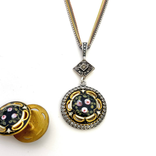 Antique Enamel Button Necklace, Victorian Artisan Jewelry, Marcasite, Unique Gifts for Women