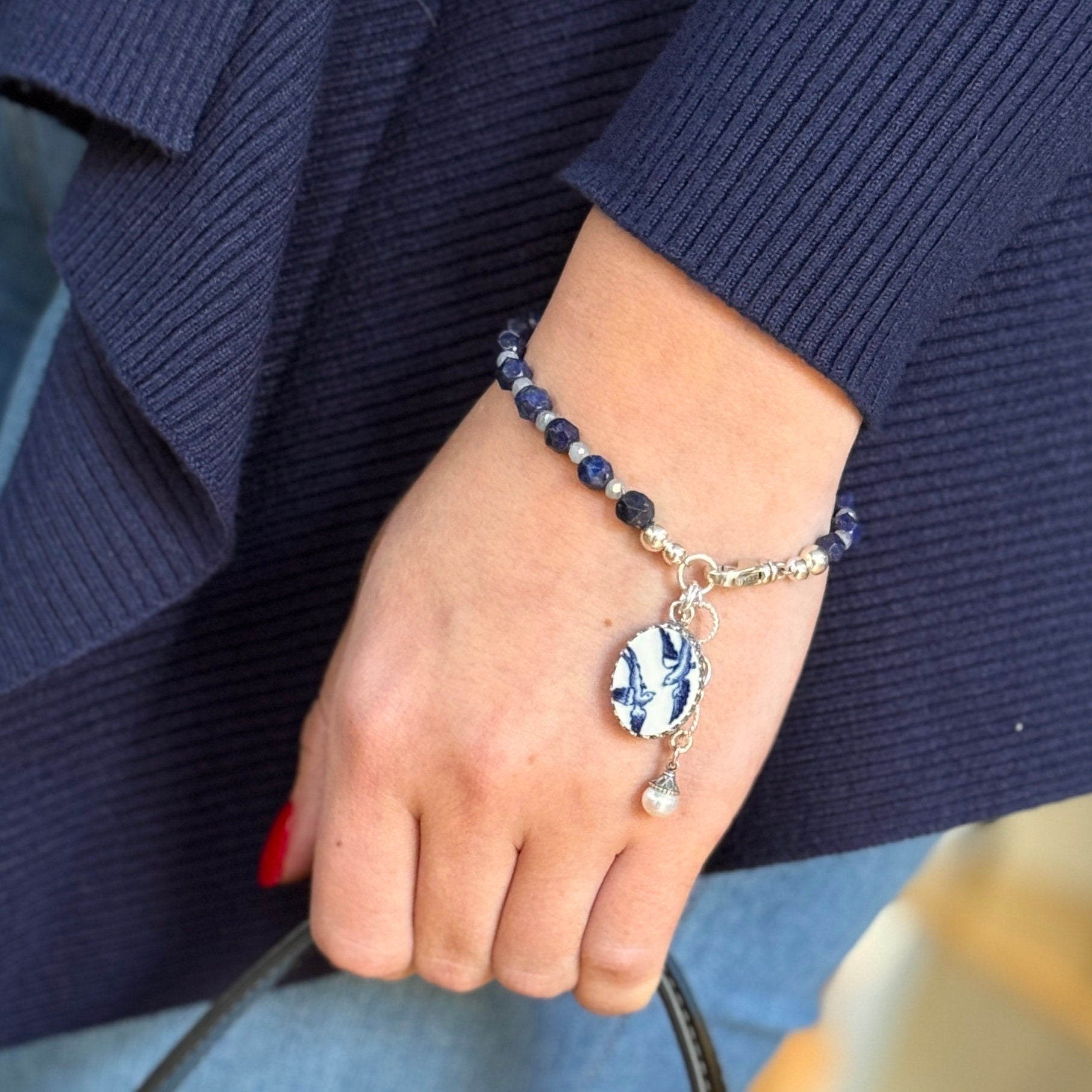 Lapis Love Birds China Jewelry Set, Blue Willow Bracelet and Earrings, 20th Anniversary Gift for Wife