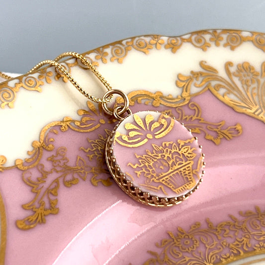 14k Solid Gold Pink China Necklace, 20th Wedding Anniversary Gifts for Wife, Repurposed Broken China Jewelry, Victorian Pendant or Necklace