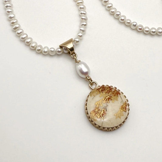 14k Solid Gold Jewelry, 18th Anniversary Gift for Wife, Antique Satsuma Button , Freshwater Pearl Necklace