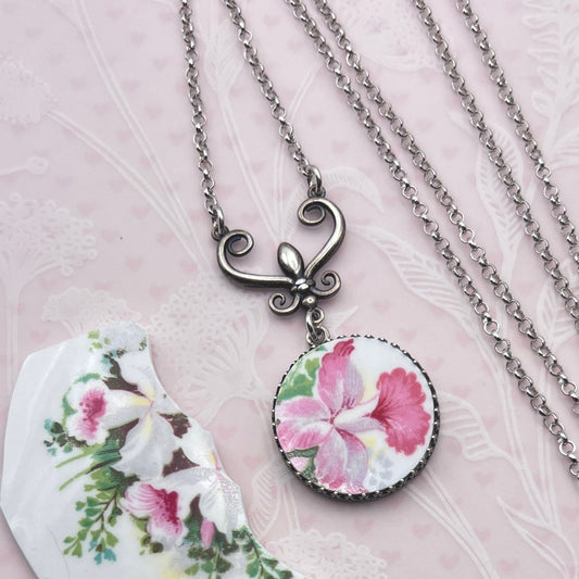 Pink Orchid Silver Necklace, 18th Wedding Anniversary Gift for Wife, Long Victorian Porcelain Flower Necklace, Broken China Jewelry