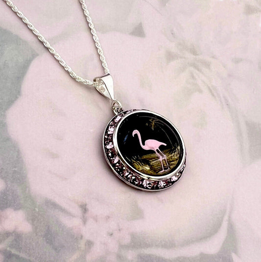 Vintage Crystal Pink Flamingo Necklace, Retro Collectible Bird Necklace, Animal Whimsical Crystal Necklace