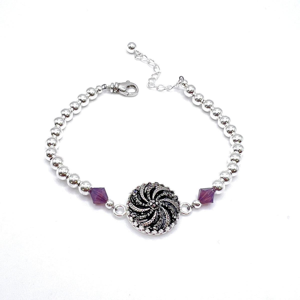 One-of-a-Kind Vintage Black Button Bracelet, Sterling Silver, Unique Birthday Gifts for Women