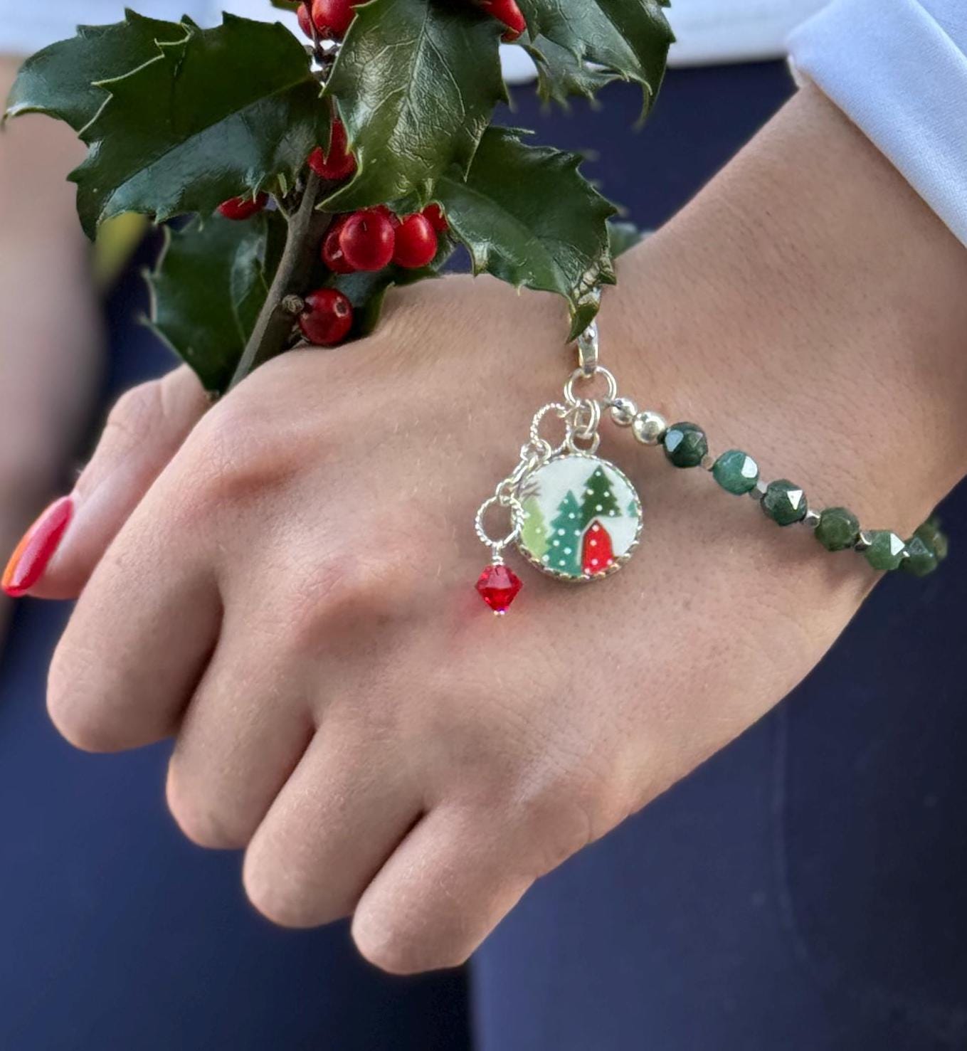 Unique Gemstone Christmas Bracelet, Broken China Jewelry Gift for Wife