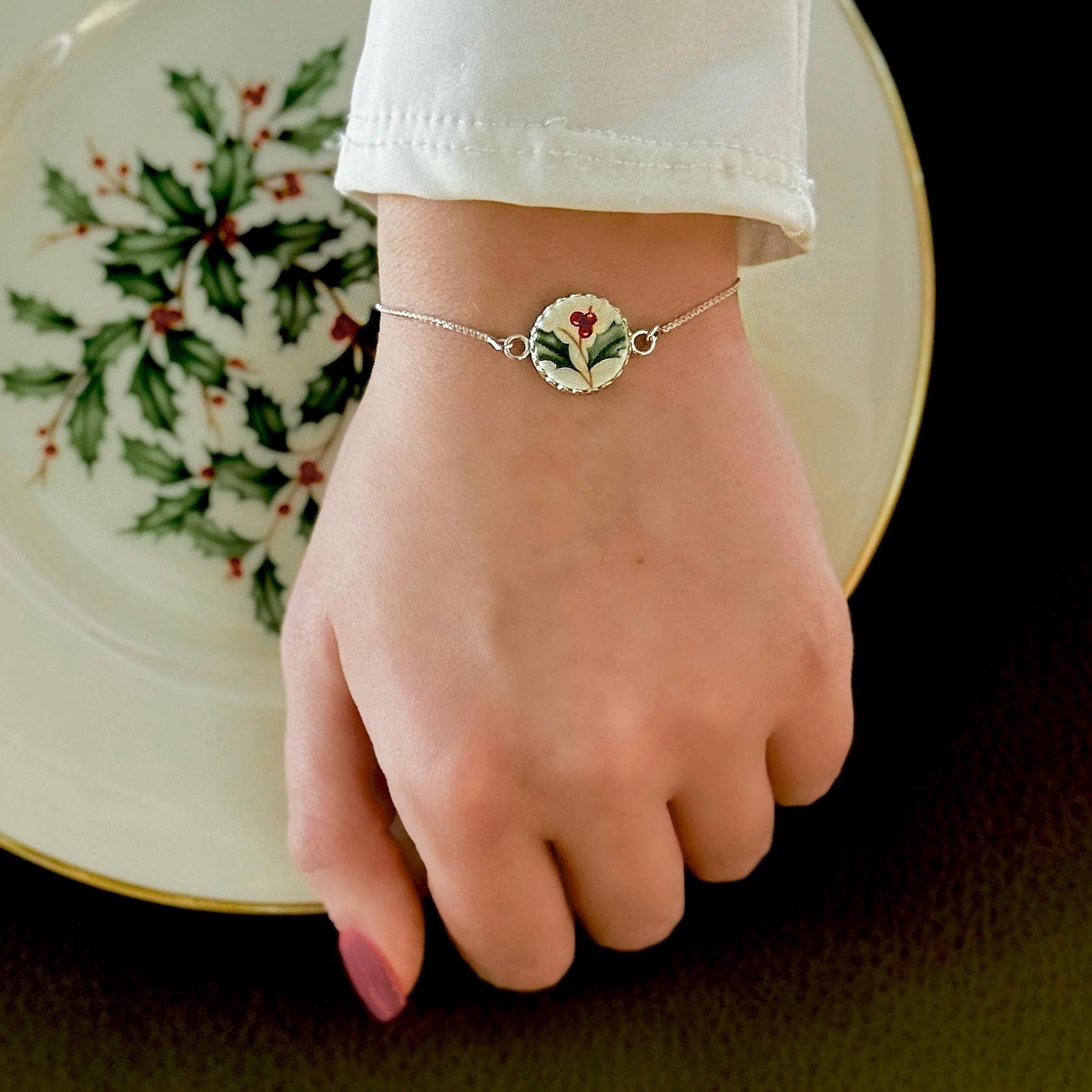 Dainty Holiday Lenox Adjustable Sterling Silver Bracelet, Broken China Jewelry Gifts, Unique Christmas Stocking Stuffers for Women