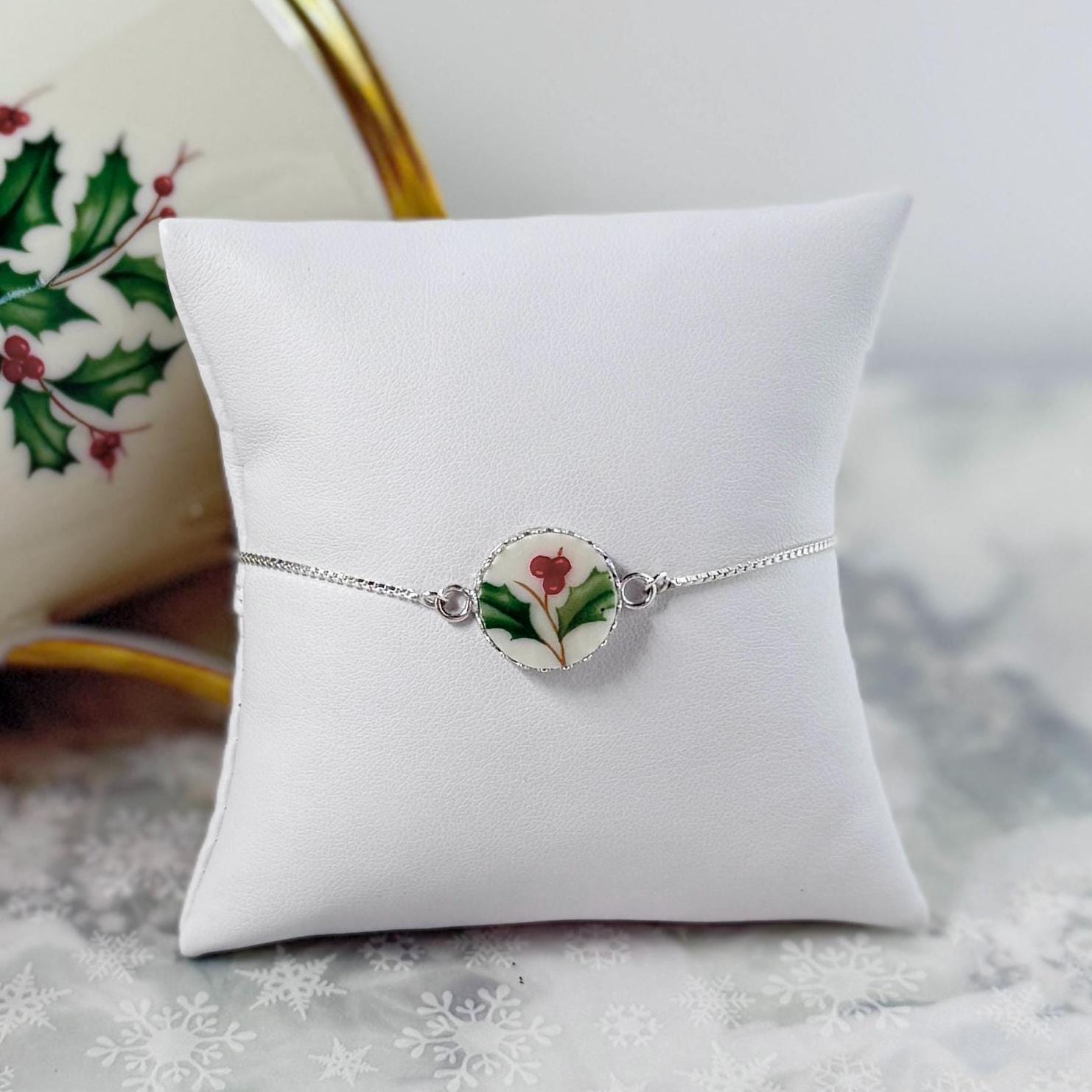 Dainty Holiday Lenox Adjustable Sterling Silver Bracelet, Broken China Jewelry Gifts, Unique Christmas Stocking Stuffers for Women