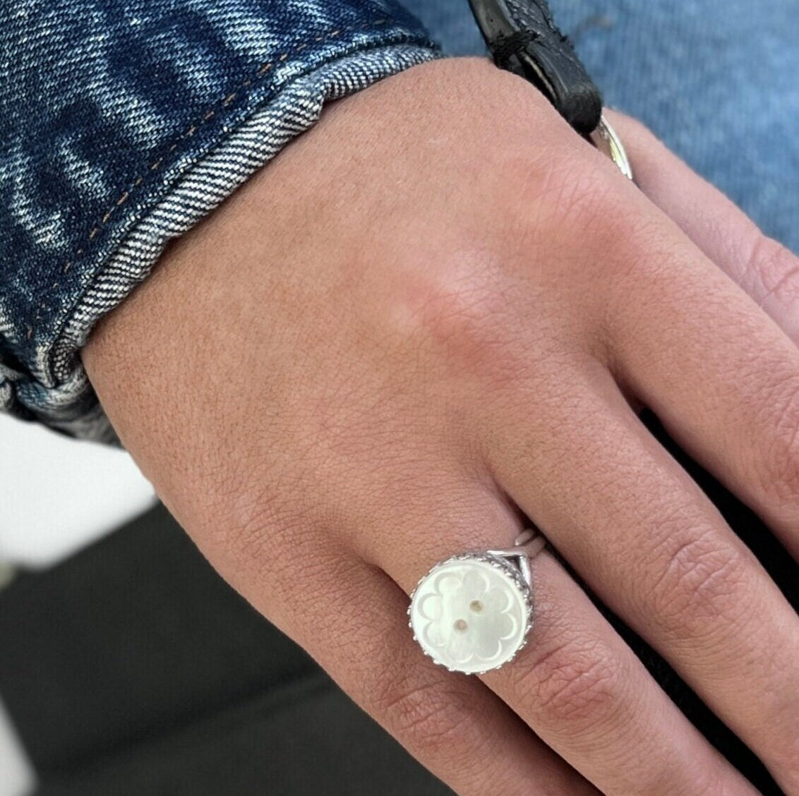 Vintage Mother of Pearl Button Ring, Unique Gifts for Women, Repurposed Button Jewelry, Adjustable Sterling Silver Ring