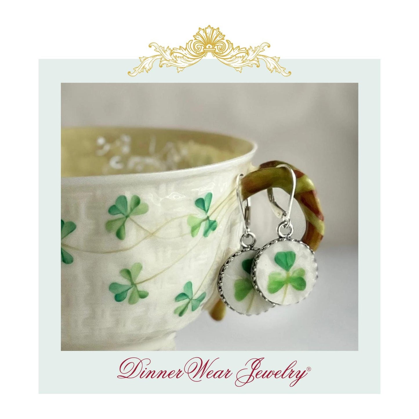 Celtic Earrings, Sterling Silver Dangle Earrings, Irish Belleek Broken China Jewelry, 20th Anniversary Gift for Wife