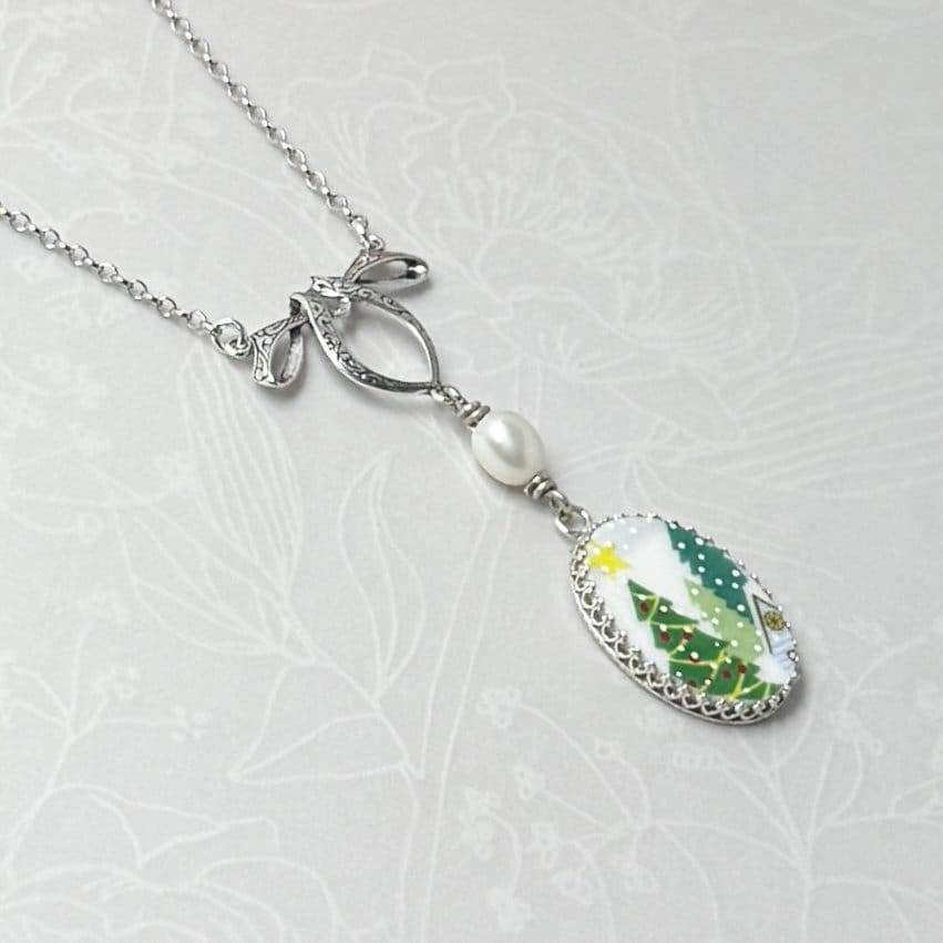 Victorian Christmas Tree Necklace, Unique Holiday Gift for Her, Broken China Jewelry Pearl Necklace, Lenox Sleighride China Necklace