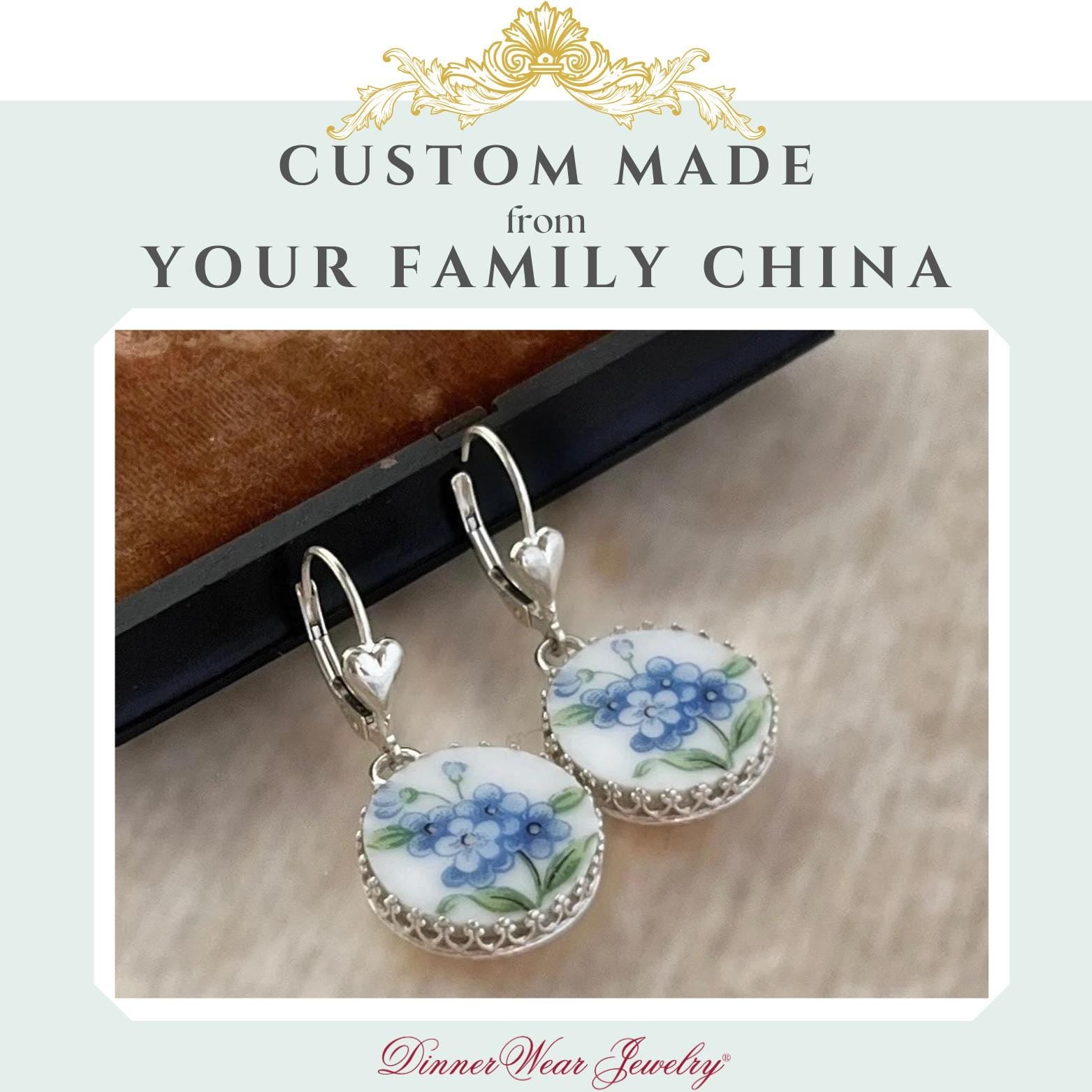 CUSTOM ORDER Silver Dainty Heart China Earrings, Custom Broken China Jewelry, Family Jewelry, Gift for Wife, Mom Gift, Made From Your China