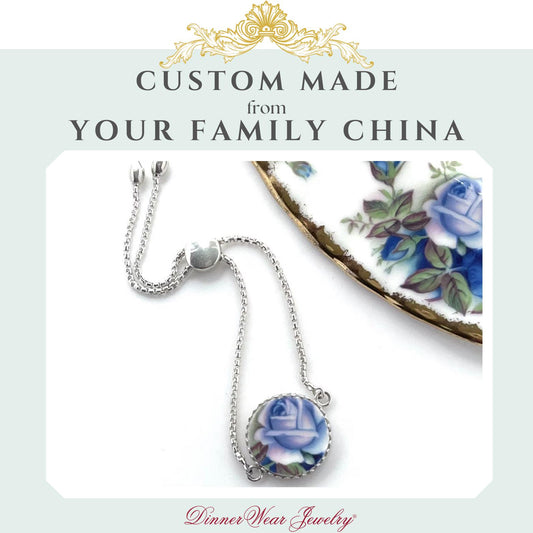 CUSTOM Bolo Adjustable Broken China Jewelry Statement Bracelet, Sterling Silver, Unique Family Gifts, Made From Your China