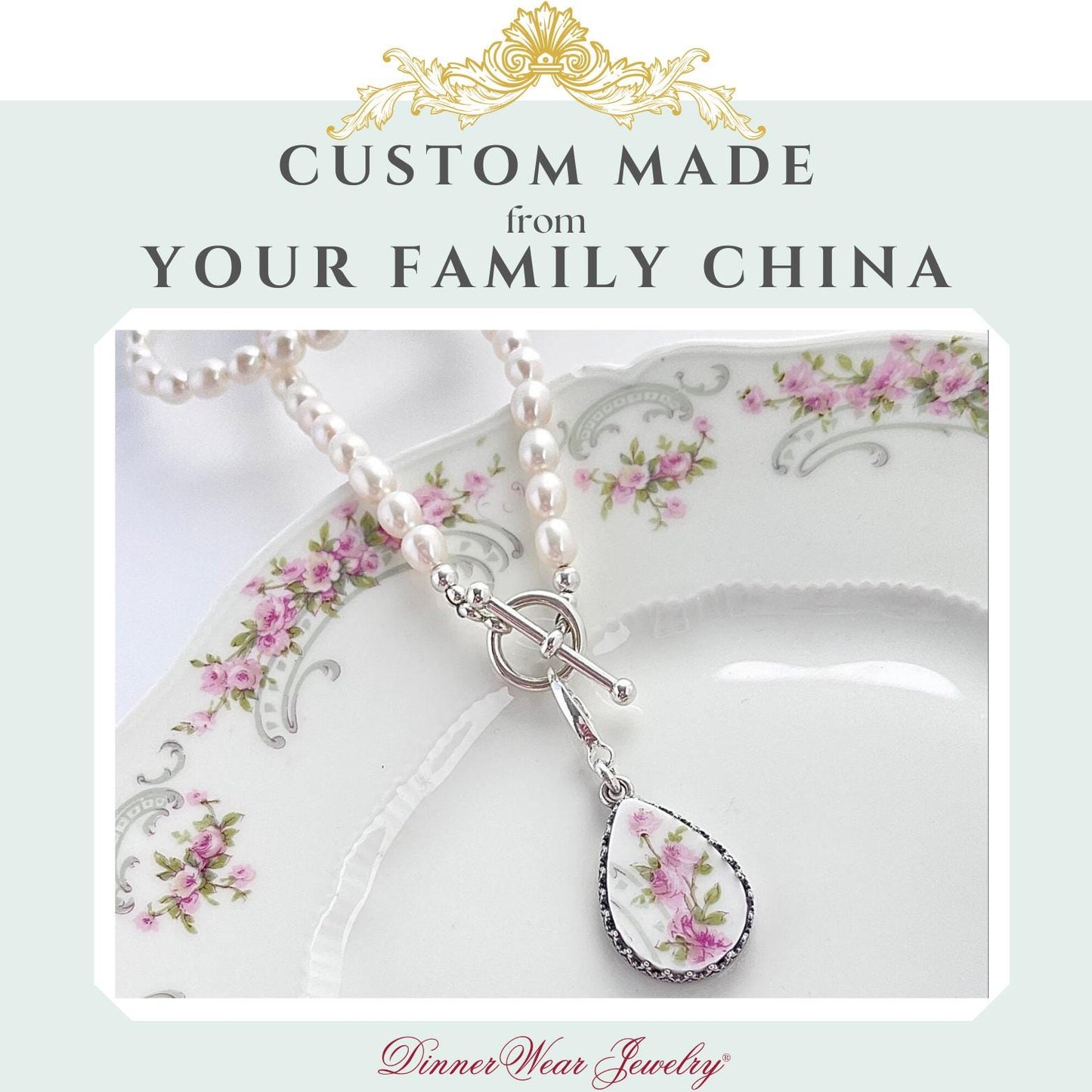 CUSTOM ORDER Pearl Toggle Broken China Jewelry Necklace, Unique 20th Anniversary Gift for Wife, Sterling Silver Jewelry, Custom Made