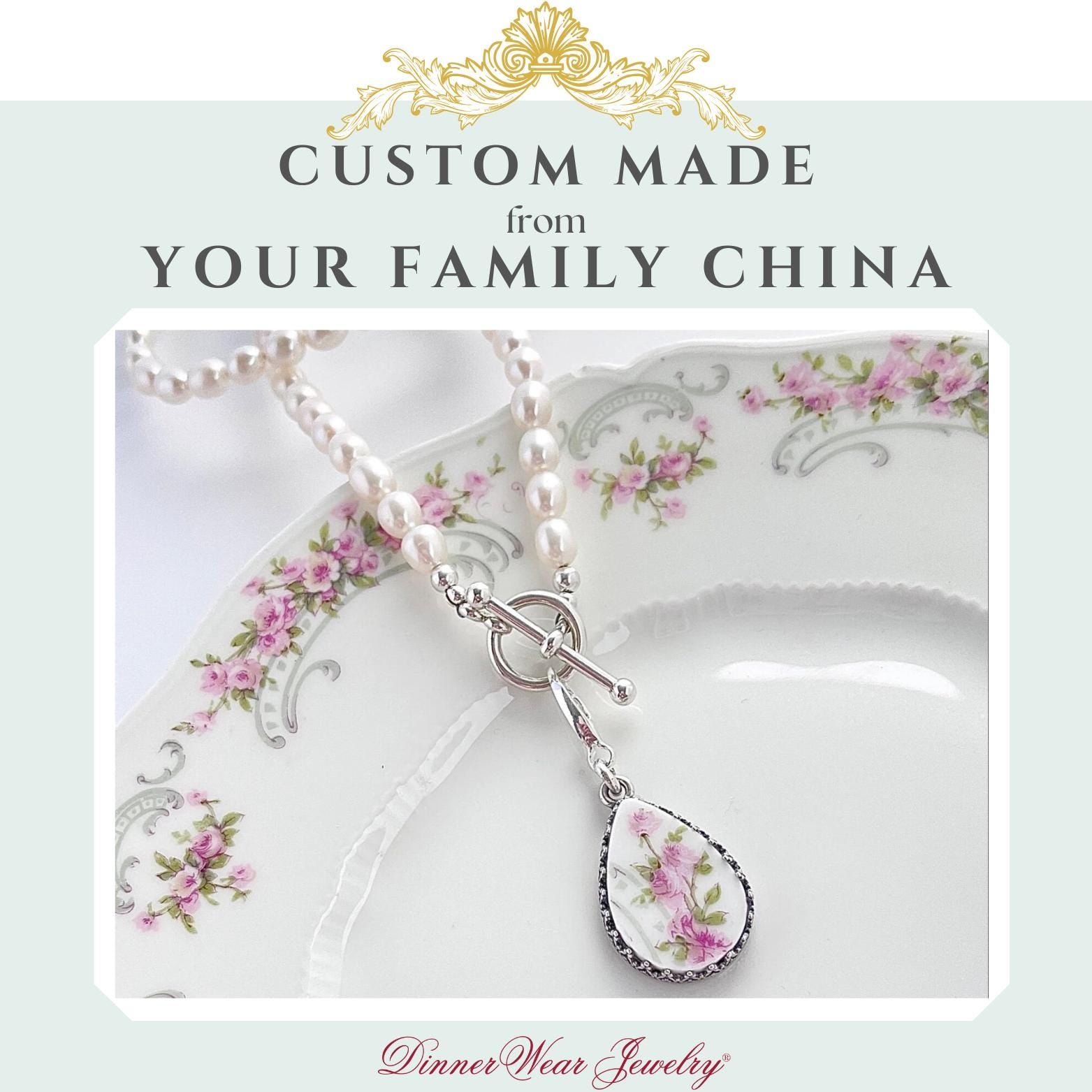 CUSTOM ORDER Pearl Toggle Broken China Jewelry Necklace, Unique 20th Anniversary Gift for Wife, Sterling Silver Jewelry, Custom Made