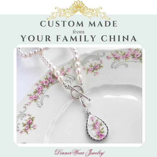 CUSTOM ORDER Pearl Toggle Broken China Jewelry Necklace, Unique 20th Anniversary Gift for Wife, Sterling Silver Jewelry, Custom Made