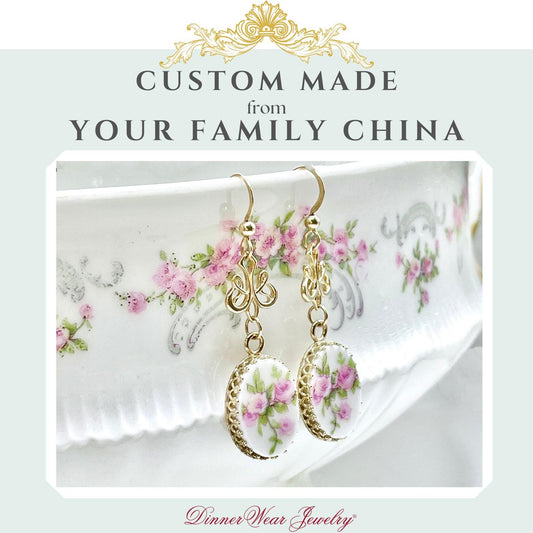 CUSTOM ORDER 14k Gold Dangle Earrings, Family China Gift, Broken China Jewelry, Made From Your China, 20th Anniversary Gifts for Wife