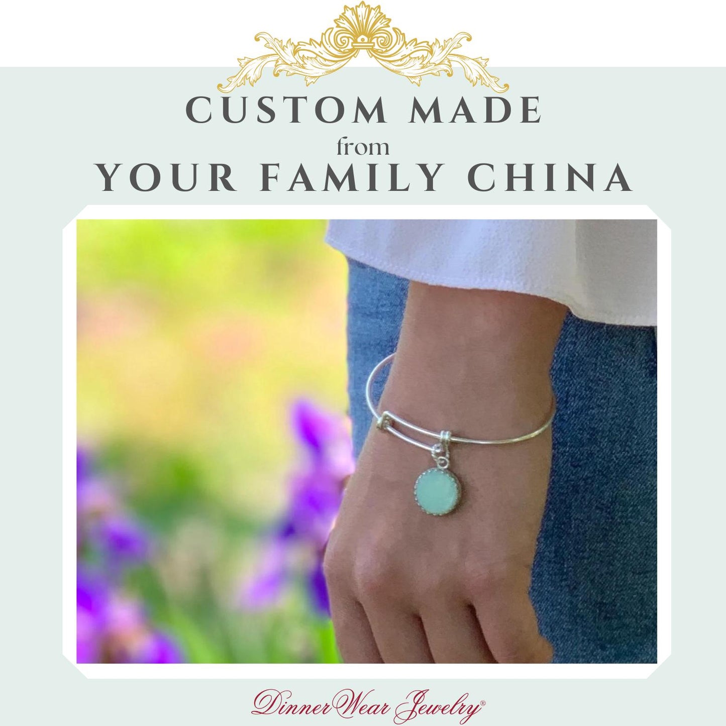 CUSTOM ORDER Bangle Charm China Bracelet, Custom Broken China Jewelry, Memorial Gift, Family Jewelry, Mom Gift, Made From Your China