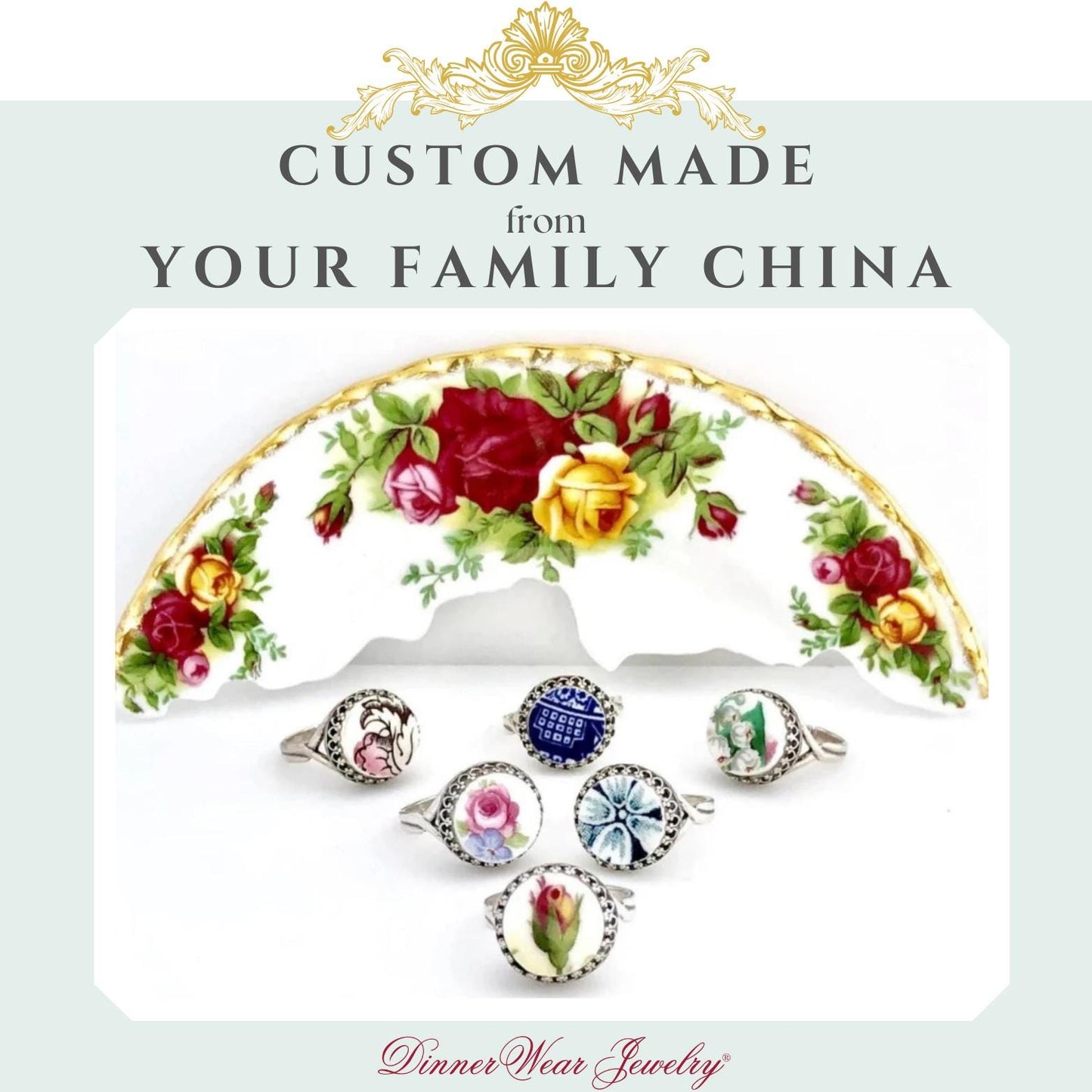 CUSTOM ORDER Adjustable China Ring, Broken China Jewelry Made From Your China, Memorial Jewelry Gifts for Women, Made From Dishes