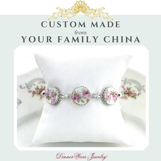 CUSTOM ORDER China Bracelet, Keepsake Jewelry, Broken China Jewelry, Custom Memorial Jewelry, Made From Your China, Silver Bracelet