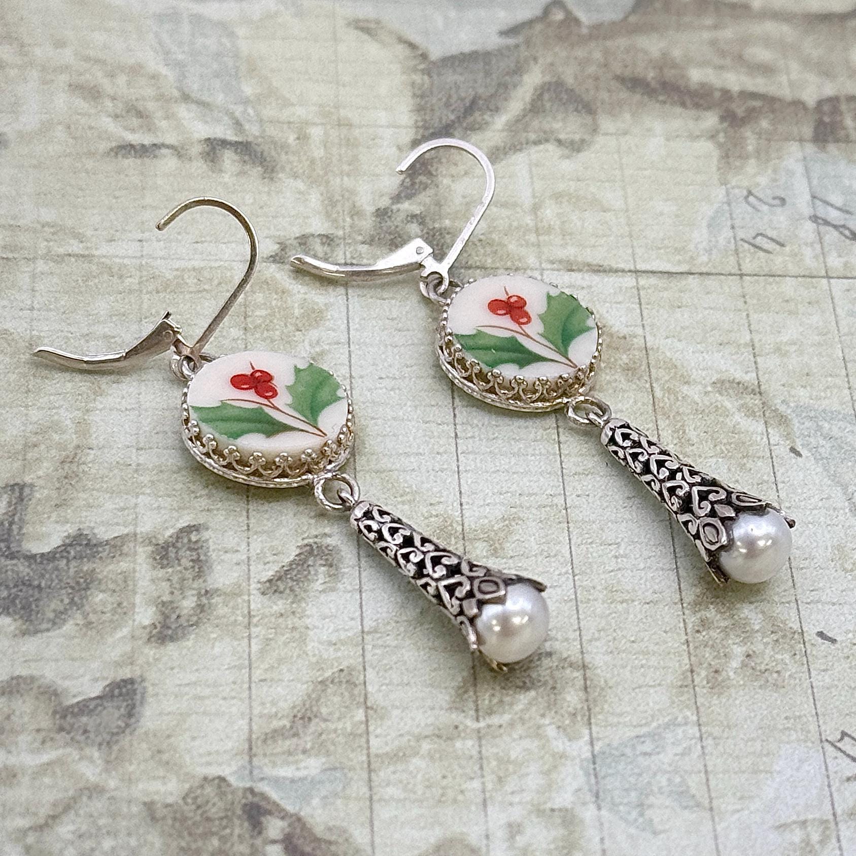 Lenox Holiday Broken China Jewelry, Victorian Christmas Earrings, Gifts for Women, Unique Presents