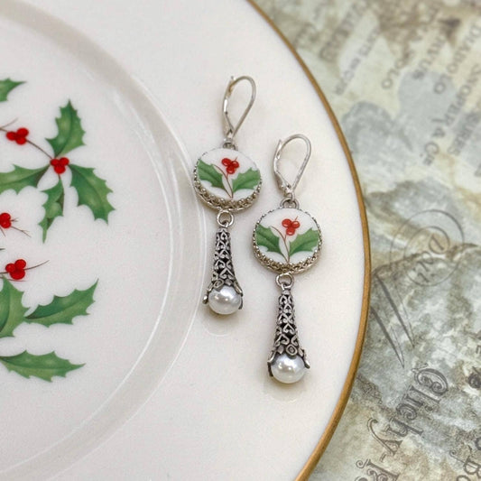 Lenox Holiday Broken China Jewelry, Victorian Christmas Earrings, Gifts for Women, Unique Presents