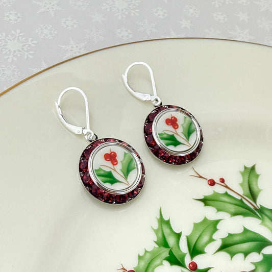 Lenox Holiday Christmas Earrings, Unique Crystal Broken China Jewelry, Gifts for Women, Stocking Stuffers