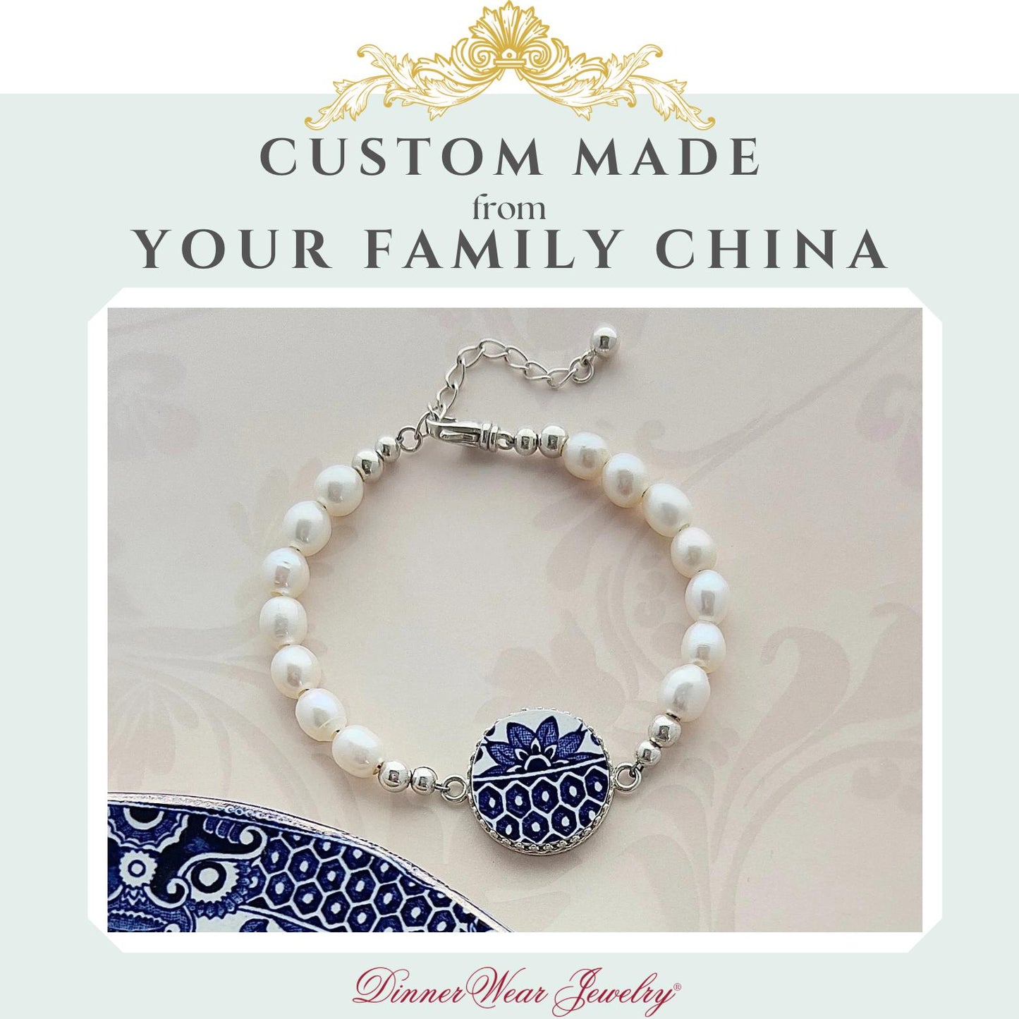 CUSTOM ORDER Freshwater Pearl Heart Charm Bracelet, Custom Memorial Broken China Jewelry, Family Jewelry, Made From Your China, Unique Gifts