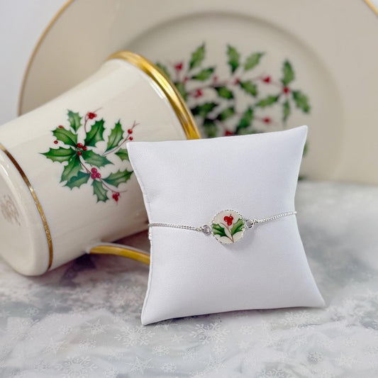 Dainty Holiday Lenox Adjustable Sterling Silver Bracelet, Broken China Jewelry Gifts, Unique Christmas Stocking Stuffers for Women