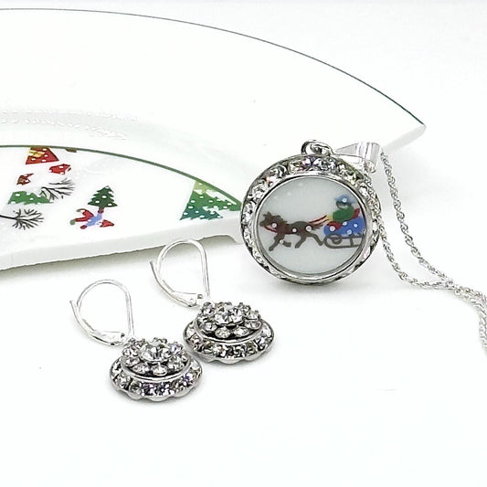 Horse and Sleigh Christmas Jewelry Set, Lenox Sleigh Ride, Crystal Broken China Jewelry, Gifts for Her, Necklace and Earrings