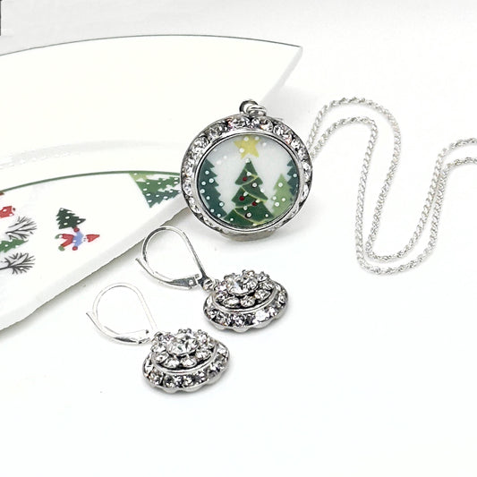 Unique Christmas Tree Crystal Necklace and Earrings Set, Lenox Sleigh Ride, Broken China Jewelry, Gift for Her