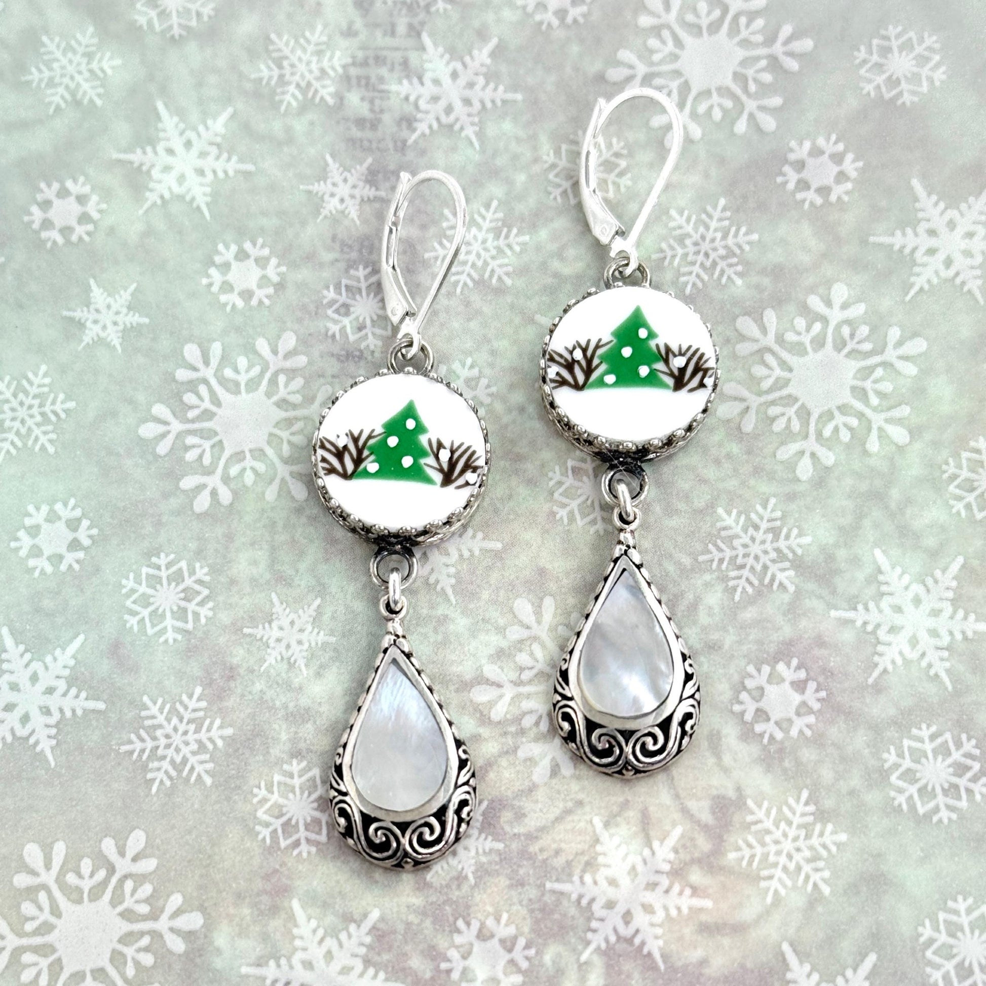 Lenox Christmas Tree Earrings, Mother of Pearl Broken China Jewelry, Unique Presents for Women