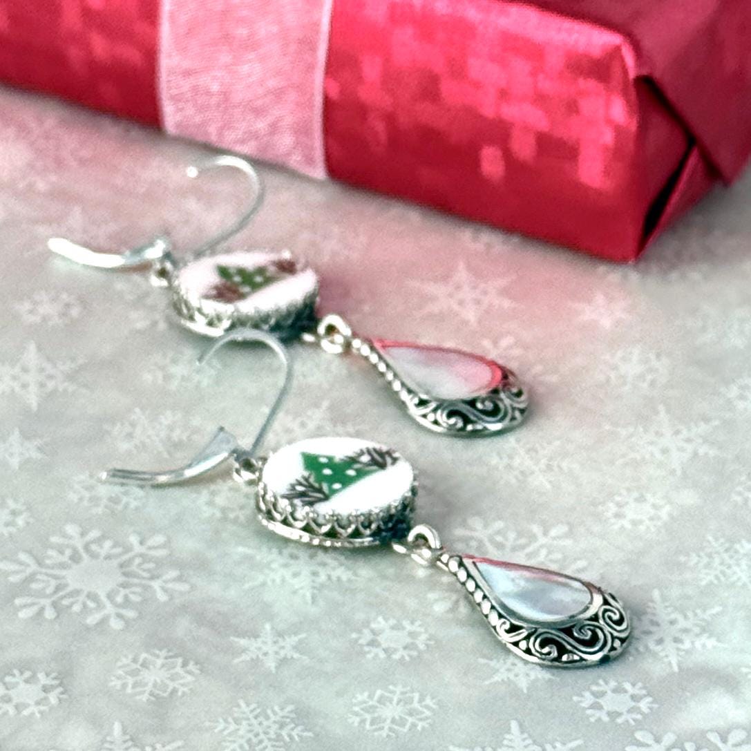 Lenox Christmas Tree Earrings, Mother of Pearl Broken China Jewelry, Unique Presents for Women