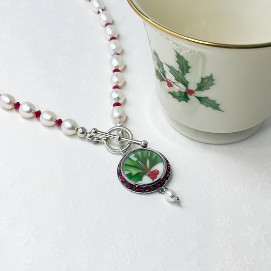 Holiday Lenox Freshwater Pearl Toggle Necklace, Statement Christmas Necklace, Broken China Jewelry, Unique Gift for Women