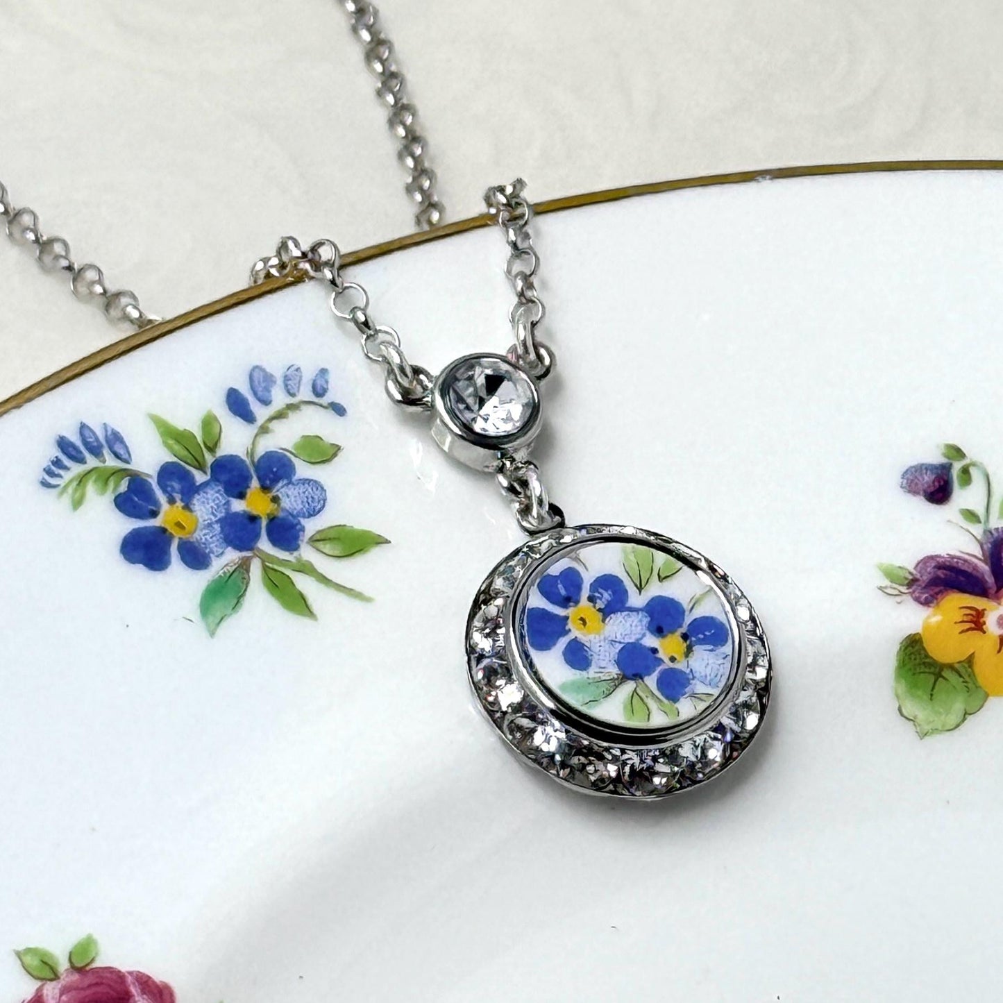 Forget Me Not Crystal Necklace, Vintage Broken China Jewelry, 18th and 20th Anniversary Gift for Wife, Crystal and Porcelain Dainty Necklace