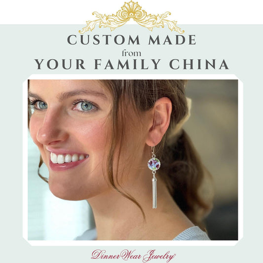 CUSTOM ORDER Silver Tassel China Earrings, Broken China Jewelry, Anniversary Gift for Wife, Made From Your China, Custom Family Jewelry