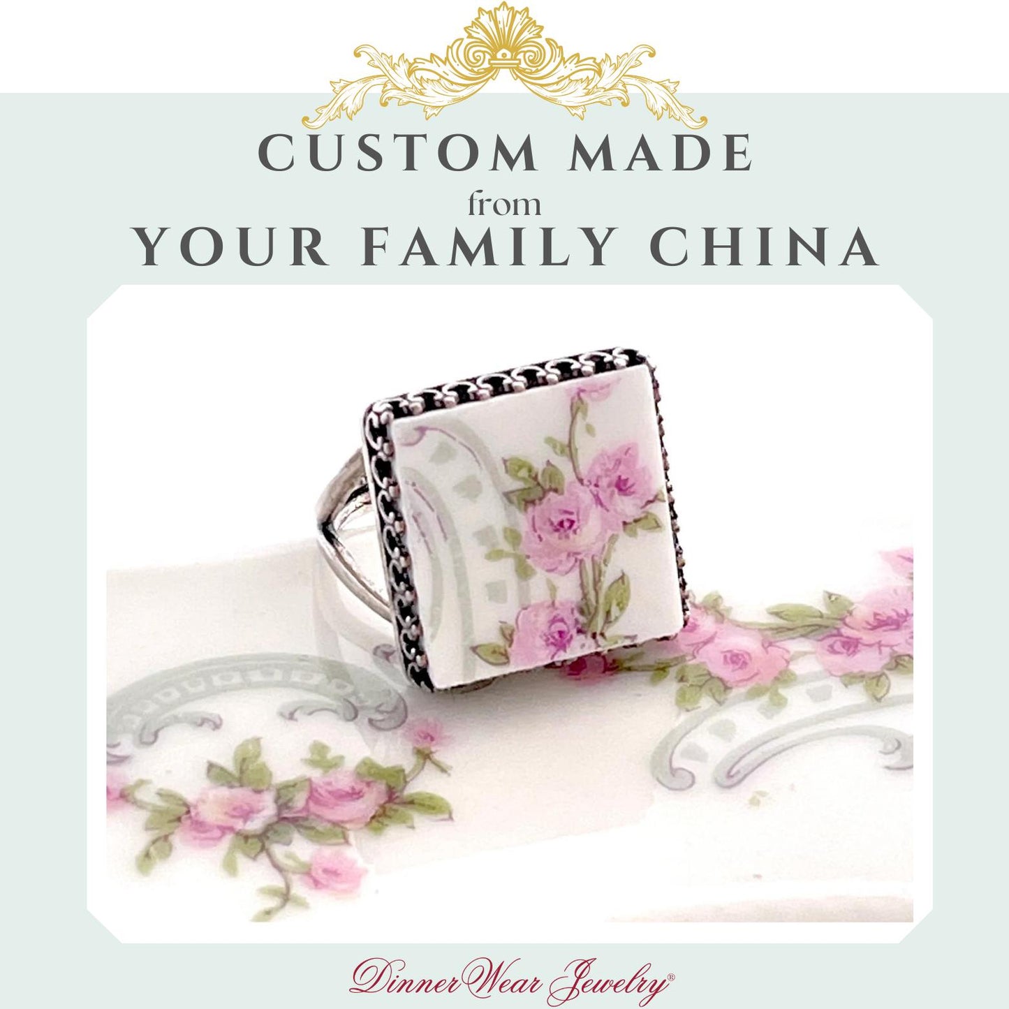 CUSTOM ORDER Square Statement Ring Broken China Jewelry Made From Your China Memorial Jewelry Gift In Memory Mom Grandmother