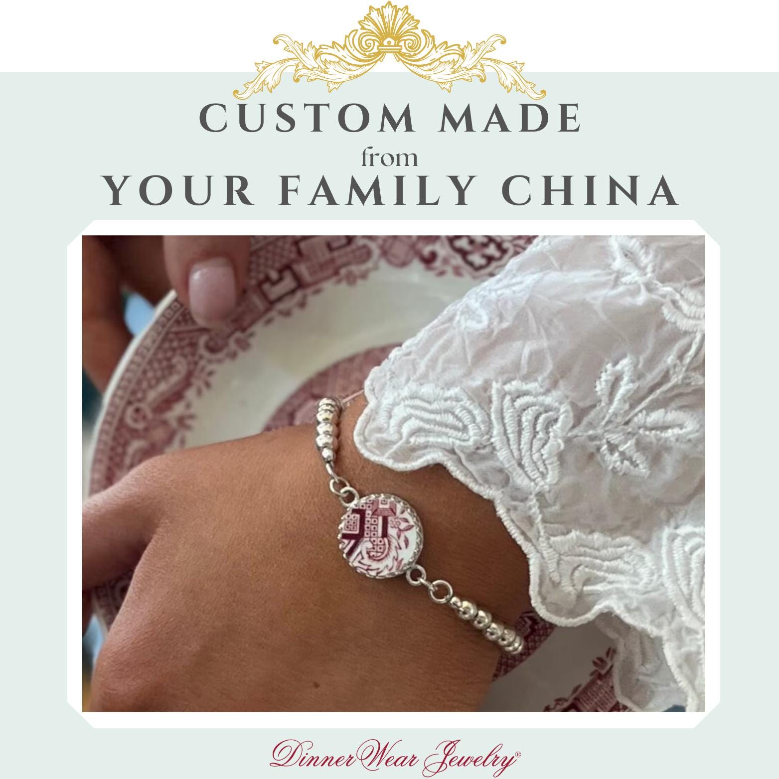 CUSTOM ORDER China Bracelet, 9th Anniversary Gift for Wife, Pearl Bracelet, Broken China Jewelry, Made From Your China, Custom China Jewelry