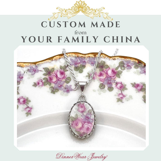 CUSTOM ORDER Small Oval Broken China Jewelry Necklace, Custom Made Memorial Jewelry, Sister Necklace, Keepsake Custom Jewelry