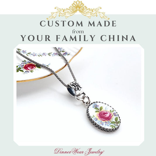 CUSTOM ORDER Medium Oval China Necklace Floral Bale, Memorial Jewelry, Sister Gift, Custom Broken China Jewelry Made from Your China