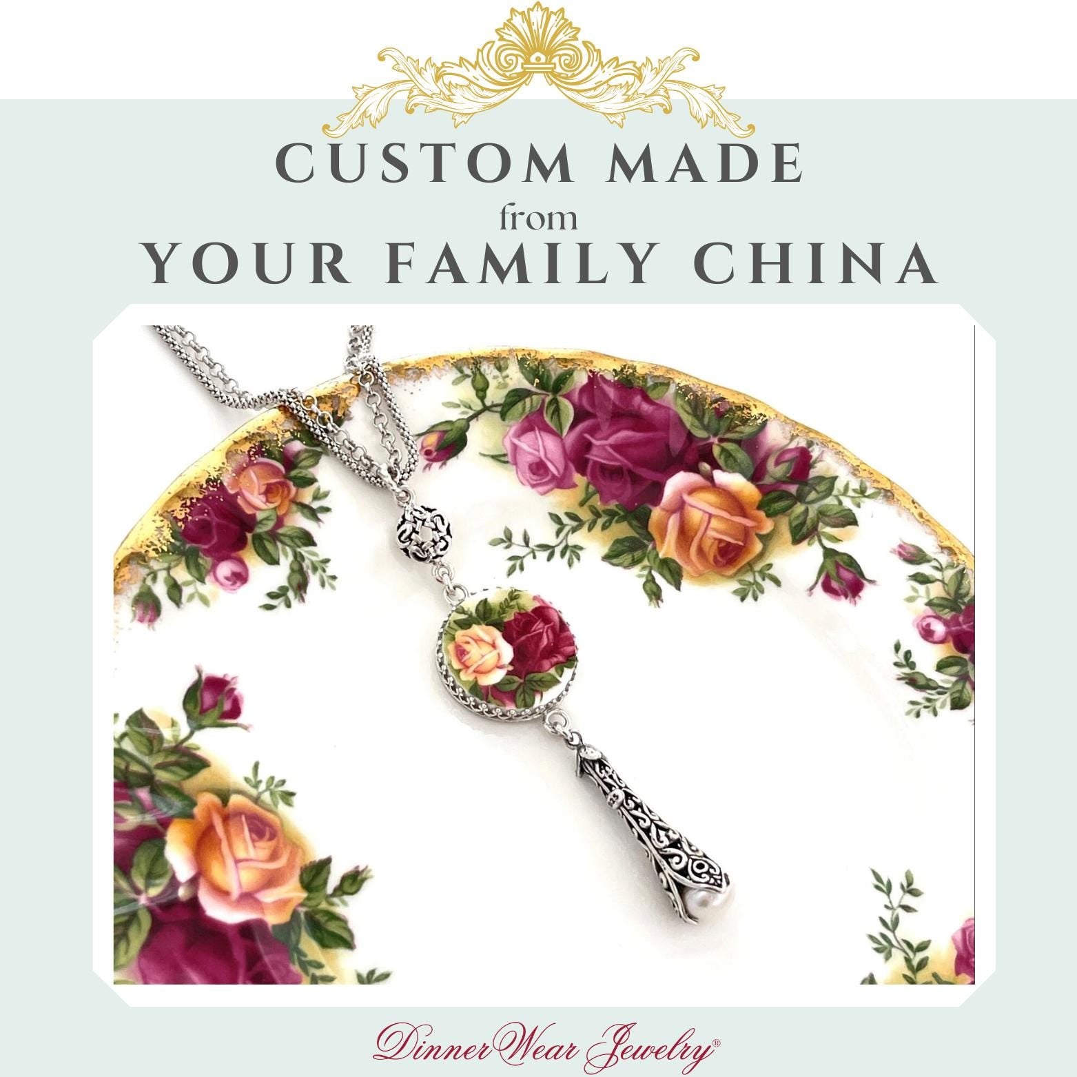 CUSTOM ORDER Pearl Drop Double Chain China Necklace, Custom Broken China Jewelry, Family Jewelry, Memorial Jewelry, Gifts for Women