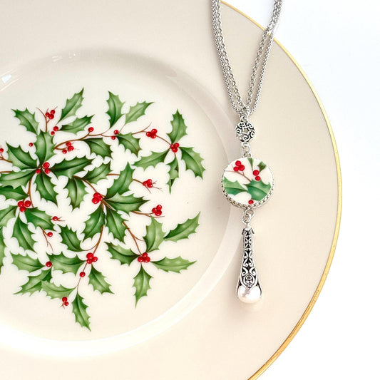 Lenox Holiday Long Christmas Necklace, Broken China Jewelry, Victorian Pearl Necklace, Unique Handmade Gifts for Women