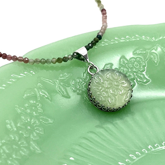 Minimalist Tourmaline Necklace, Fire King Alice Jadeite, Depression Glass Broken China Jewelry