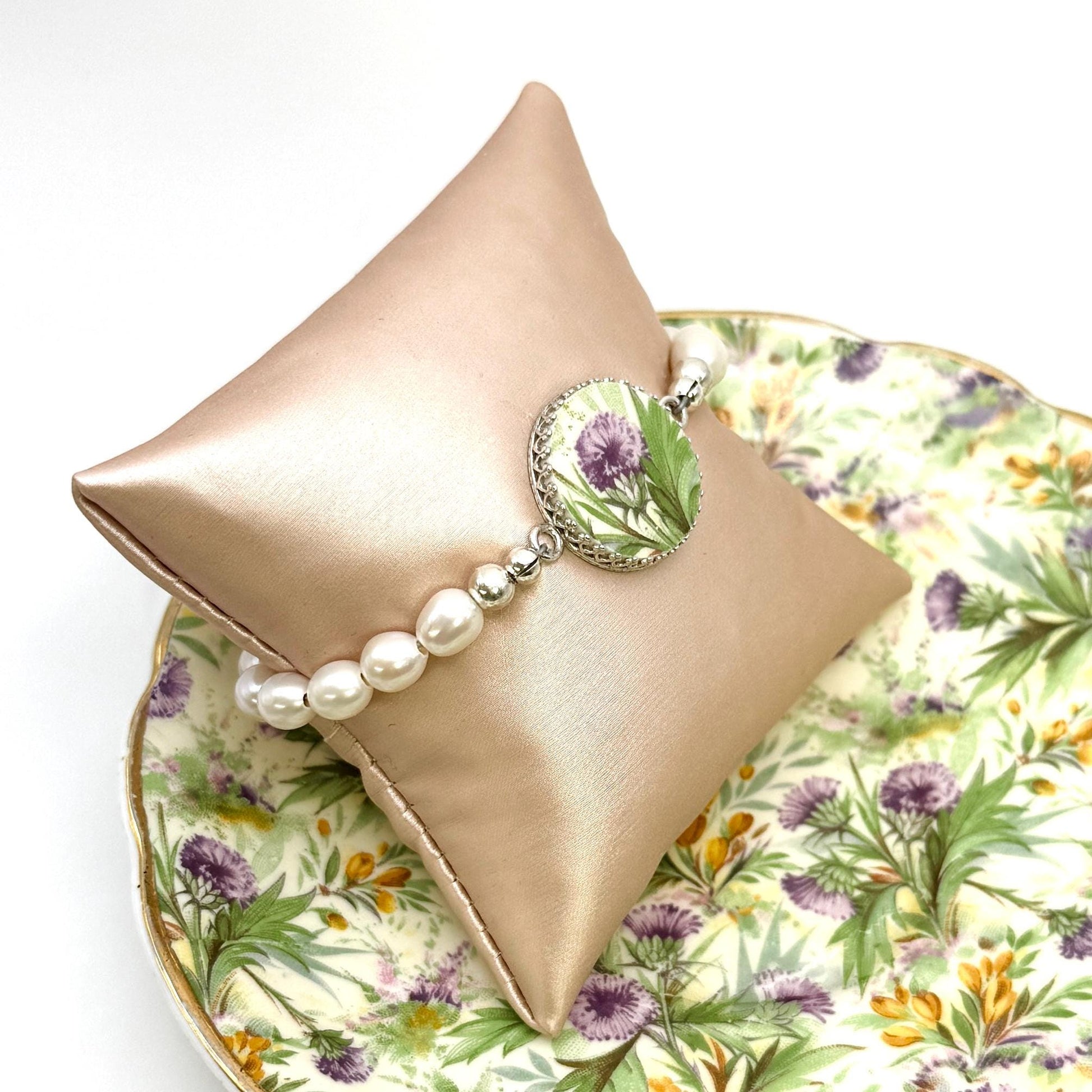 Scottish Thistle, Celtic Broken China Jewelry, Pearl Bracelet, 18th Wedding Anniversary Gift for Wife, Porcelain